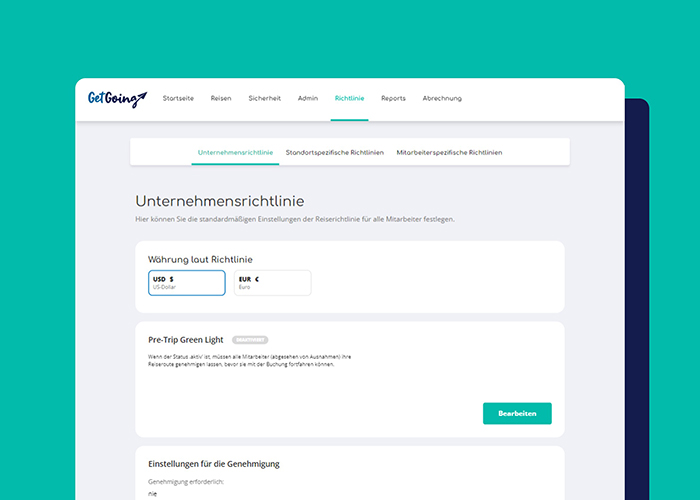Integriere und automatisiere die Reiserichtlinien deines Unternehmens in die All-in-One-Geschäftsreiseplattform von GetGoing