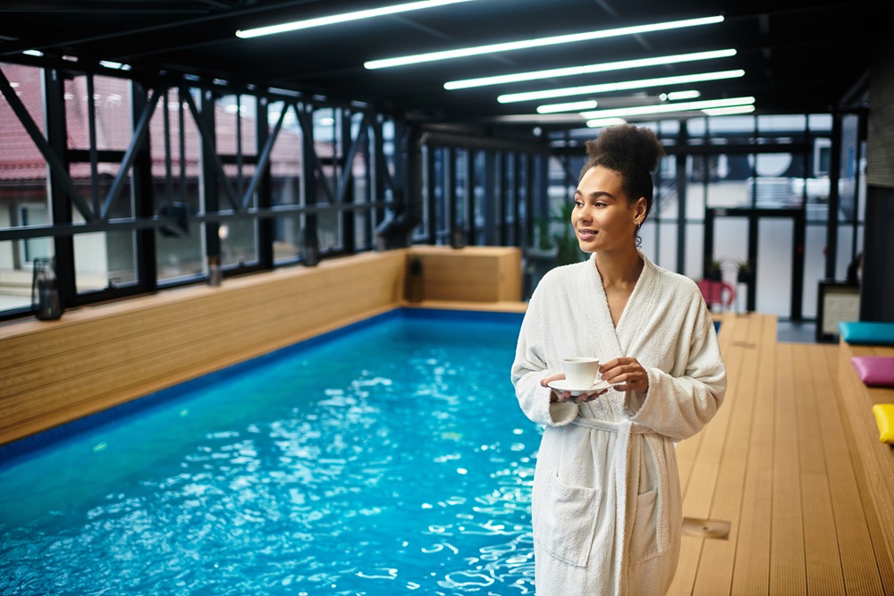 Geschäftsfrau am Hotelpool entspannen