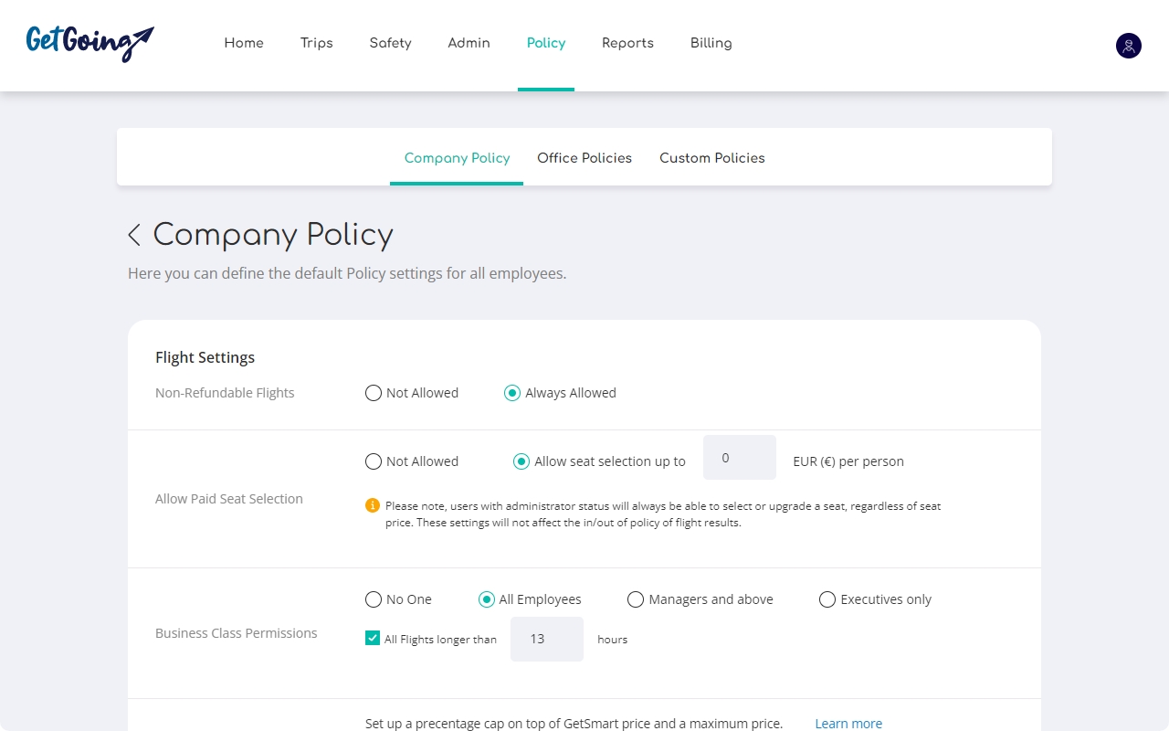 Set up your company policy on GetGoing