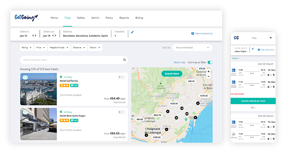 GetGoing platform view of accomodation search