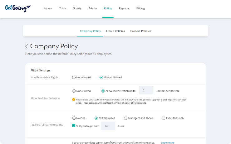 Create default travel policy in business travel platform