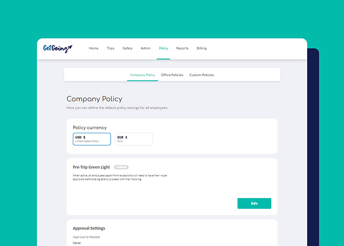 Integrate and automate your company travel policy in GetGoing's all-in-one business travel platform
