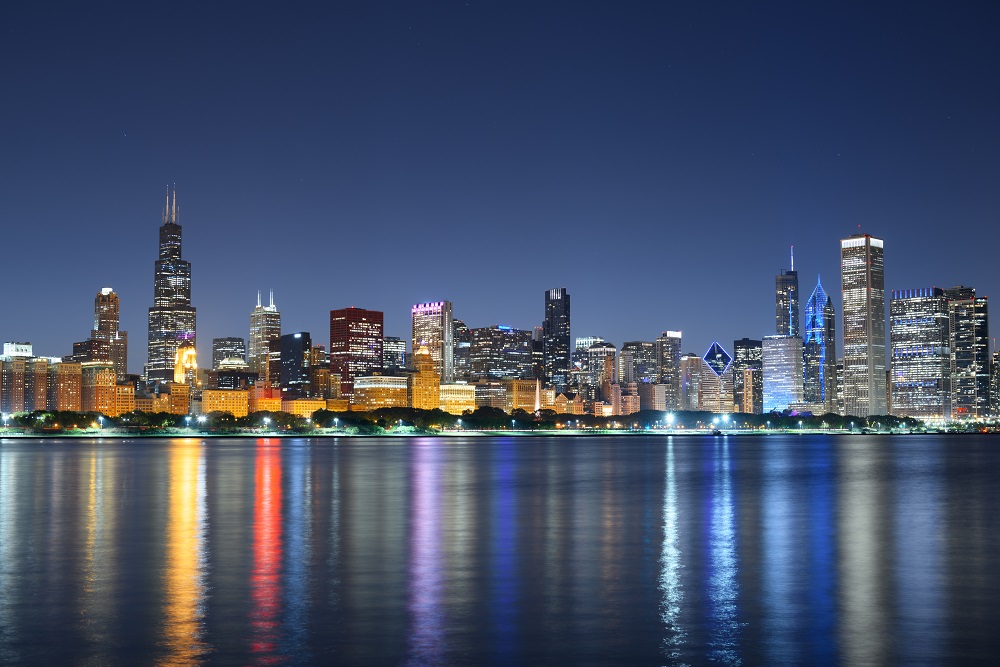 Chicago skyline by night with view of Lake Michigan