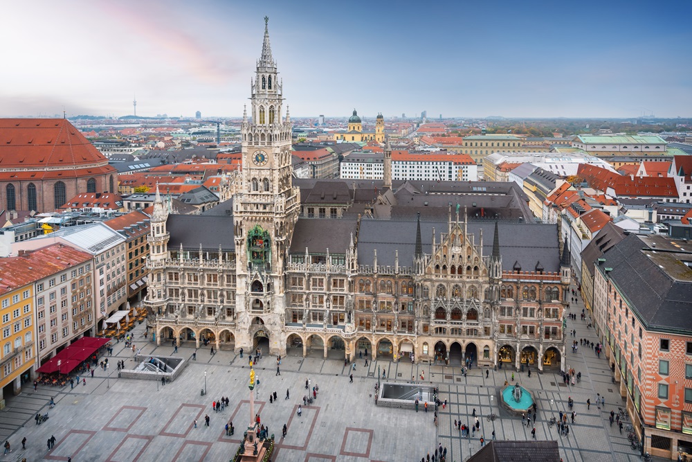 Aerial view of Marienplatz Munich main plaza in Alstadt Old Town