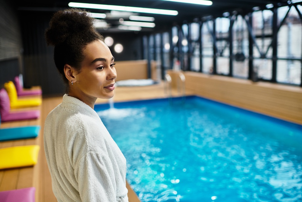 Business woman at hotel pool 