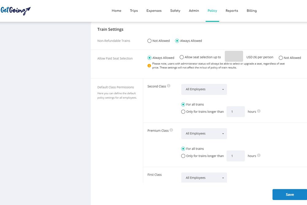 Automate rail travel policy in GetGoing app